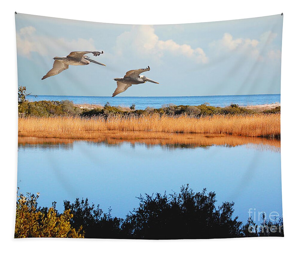 Pelicans Tapestry featuring the photograph Where The Marsh Meets The Atlantic by Kathy Baccari
