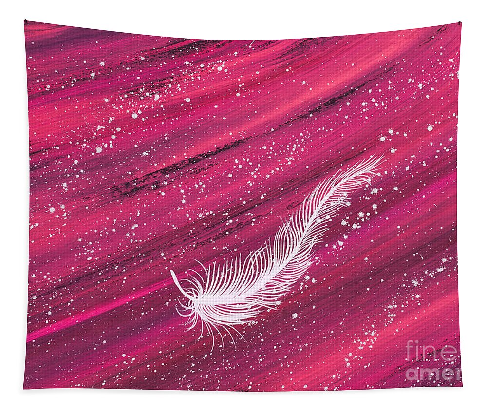 Feather Tapestry featuring the painting White spiritual feather on pink streak by Carolyn Bennett by Simon Bratt