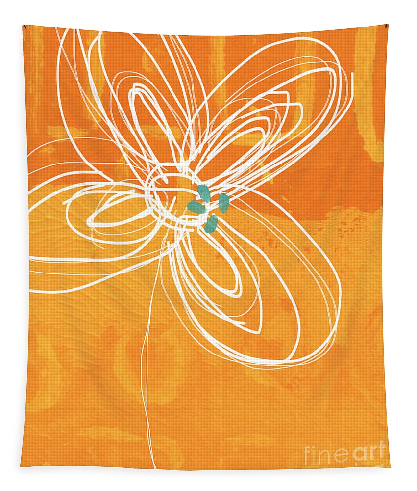 Flower Tapestry featuring the painting White Flower on Orange by Linda Woods