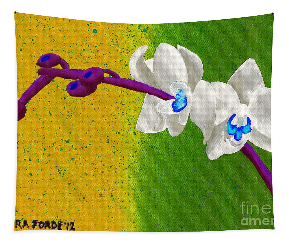 White Orchids Tapestry featuring the painting White Orchids on Yellow and Green by Laura Forde