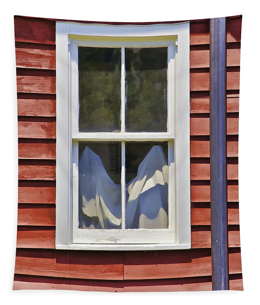 Architecture Tapestry featuring the photograph White Wood Window against a Faded Weathered Red Barn Wall by David Letts