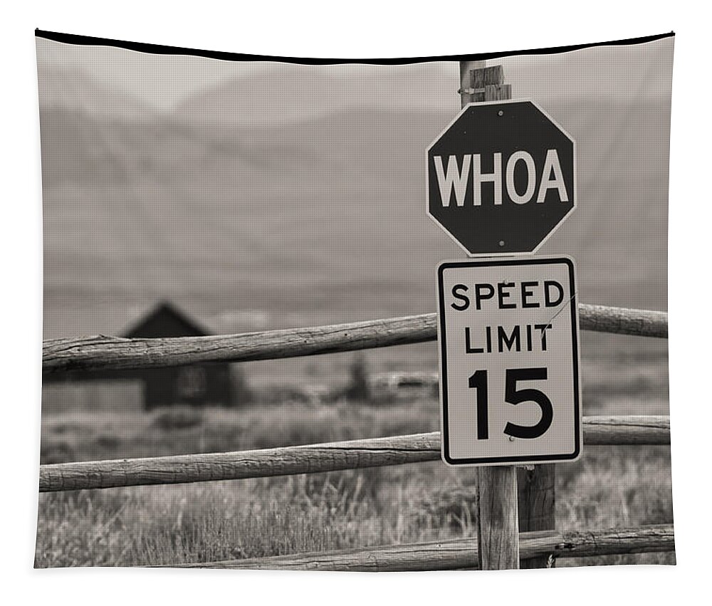 Whoa Tapestry featuring the photograph Whoa Sign in Wyoming by Peggy Dietz