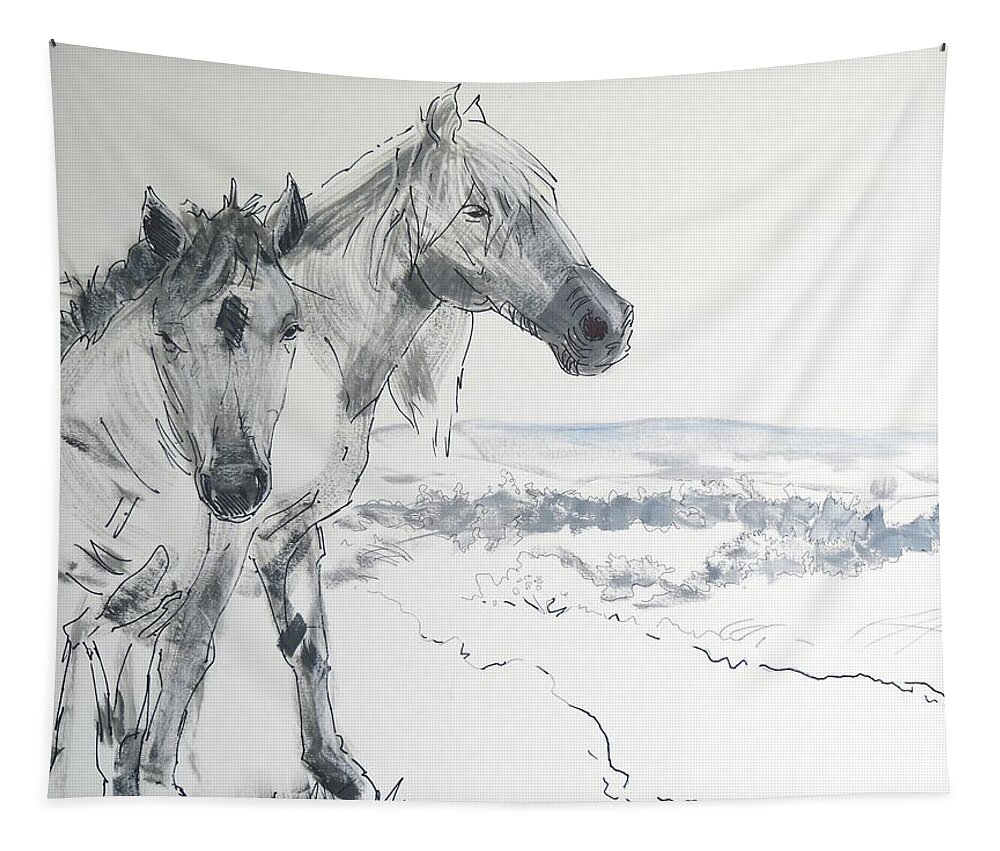 Horse Tapestry featuring the painting Wild Horses drawing by Mike Jory