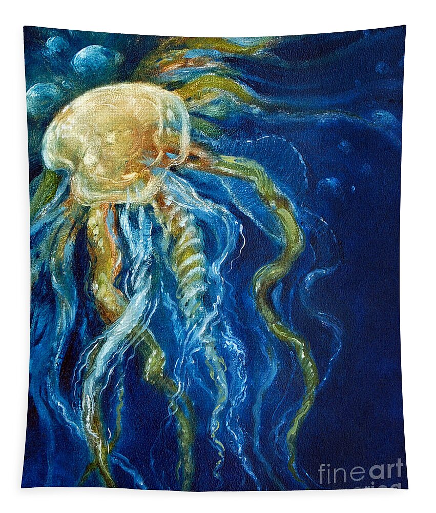 Llyfish Tapestry featuring the painting Wild Jellyfish Reflection by Randy Wollenmann