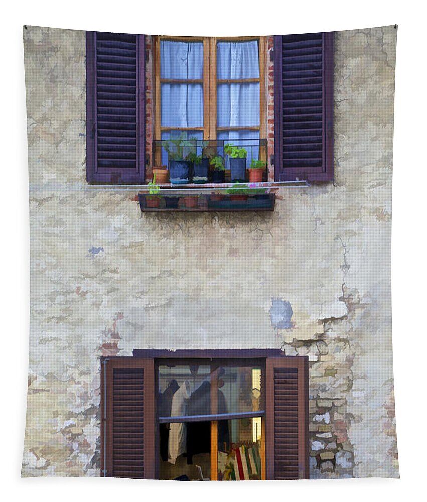 Architecture Tapestry featuring the photograph Windows with Potted Plants of Rural Tuscany by David Letts