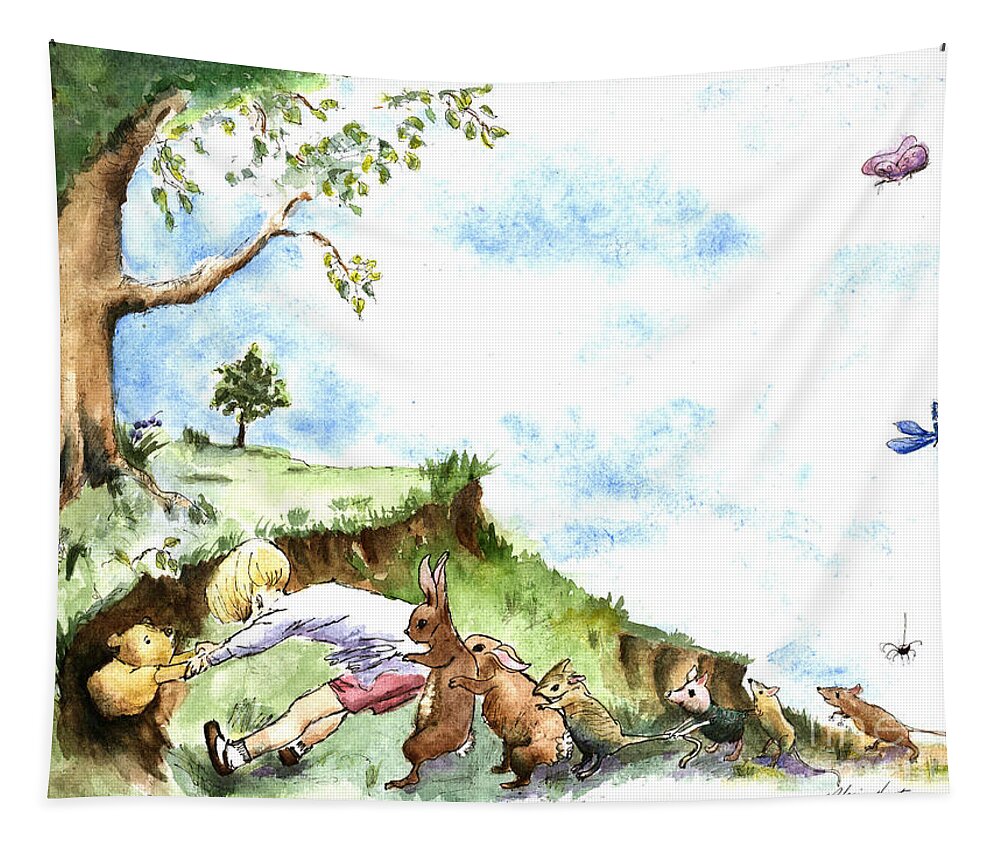 Winnie The Pooh Tapestry featuring the painting Helping Hands after E H Shepard by Maria Hunt