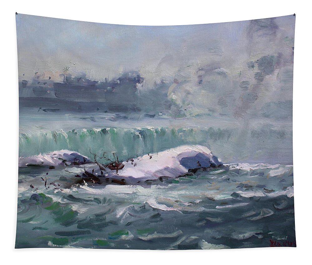 Niagara Waterfalls Tapestry featuring the painting Winter in Niagara Waterfalls by Ylli Haruni