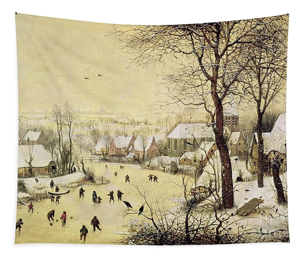 Frozen River Tapestry featuring the painting Winter Landscape with Skaters and a Bird Trap by Pieter Bruegel the Elder