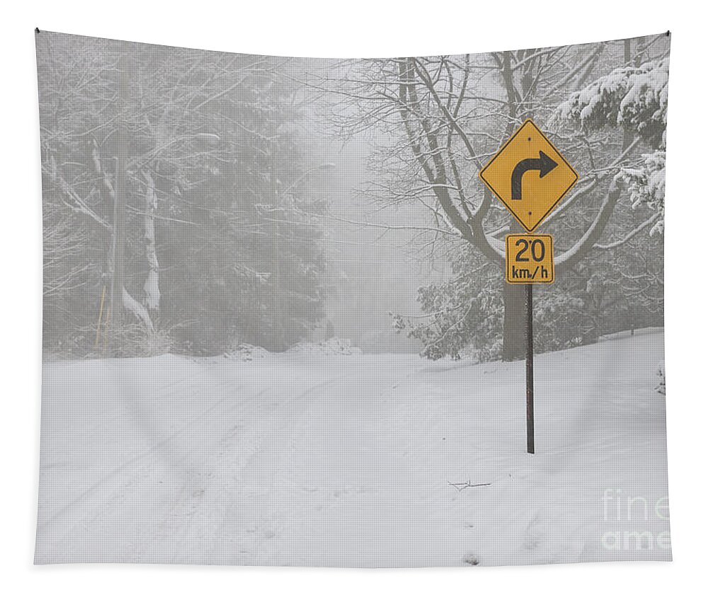 Winter Tapestry featuring the photograph Winter road with yellow sign by Elena Elisseeva