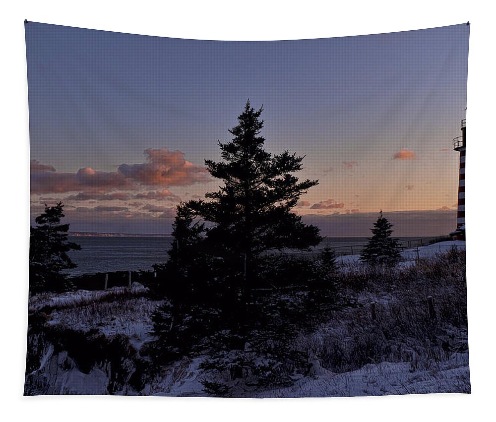 West Quoddy Head Lighthouse Tapestry featuring the photograph Winter Sentinel Lighthouse by Marty Saccone