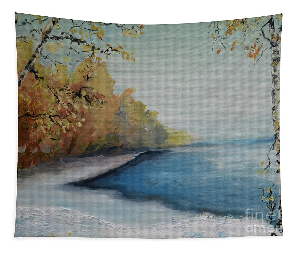 Raija Merila Tapestry featuring the painting Winter Starts At Kymi River by Raija Merila