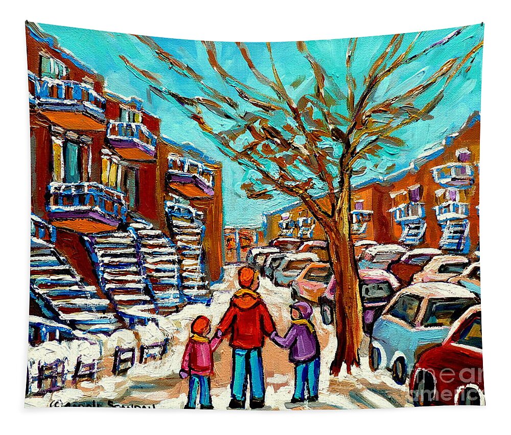Montreal Tapestry featuring the painting Winter Walk Montreal Paintings Snowy Day In Verdun Montreal Art Carole Spandau by Carole Spandau