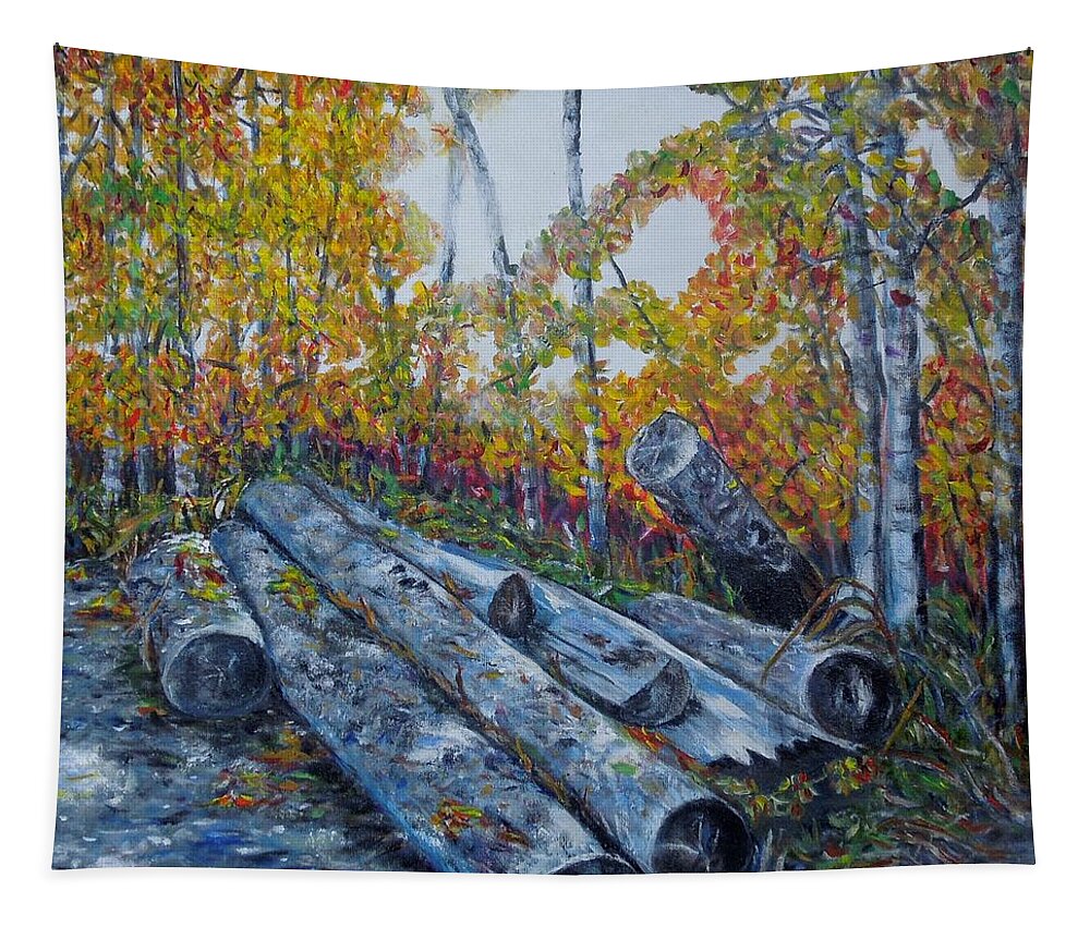 Logs Tapestry featuring the painting Winter's firewood by Marilyn McNish