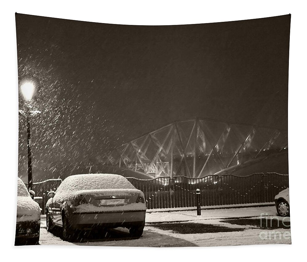 Winter In Scotland Tapestry featuring the photograph Wintry view at Forth Rail Bridge by Elena Perelman