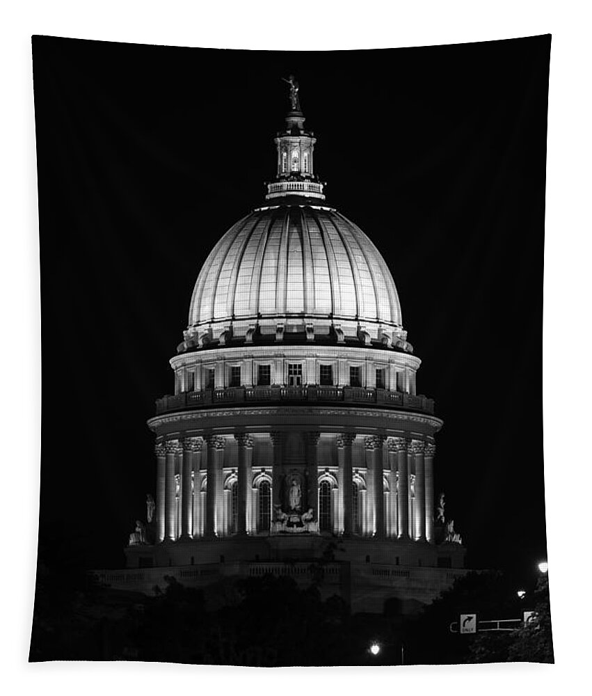 Architecture Tapestry featuring the photograph Wisconsin State Capitol Building at Night Black and White by Sebastian Musial