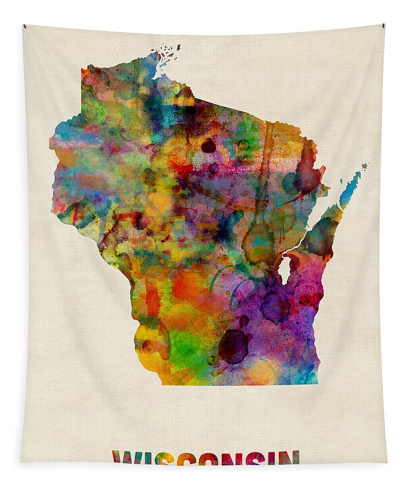 United States Map Tapestry featuring the digital art Wisconsin Watercolor Map by Michael Tompsett