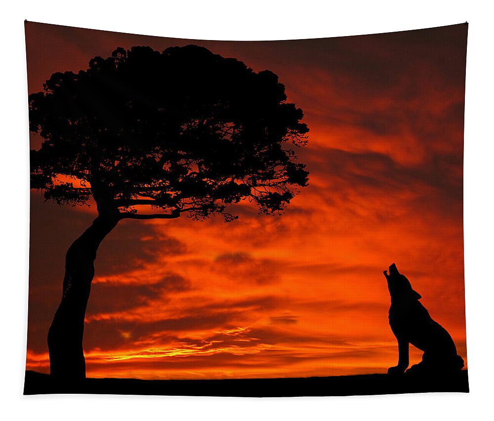 Wolf Tapestry featuring the photograph Wolf Calling For Mate Sunset Silhouette Series by David Dehner