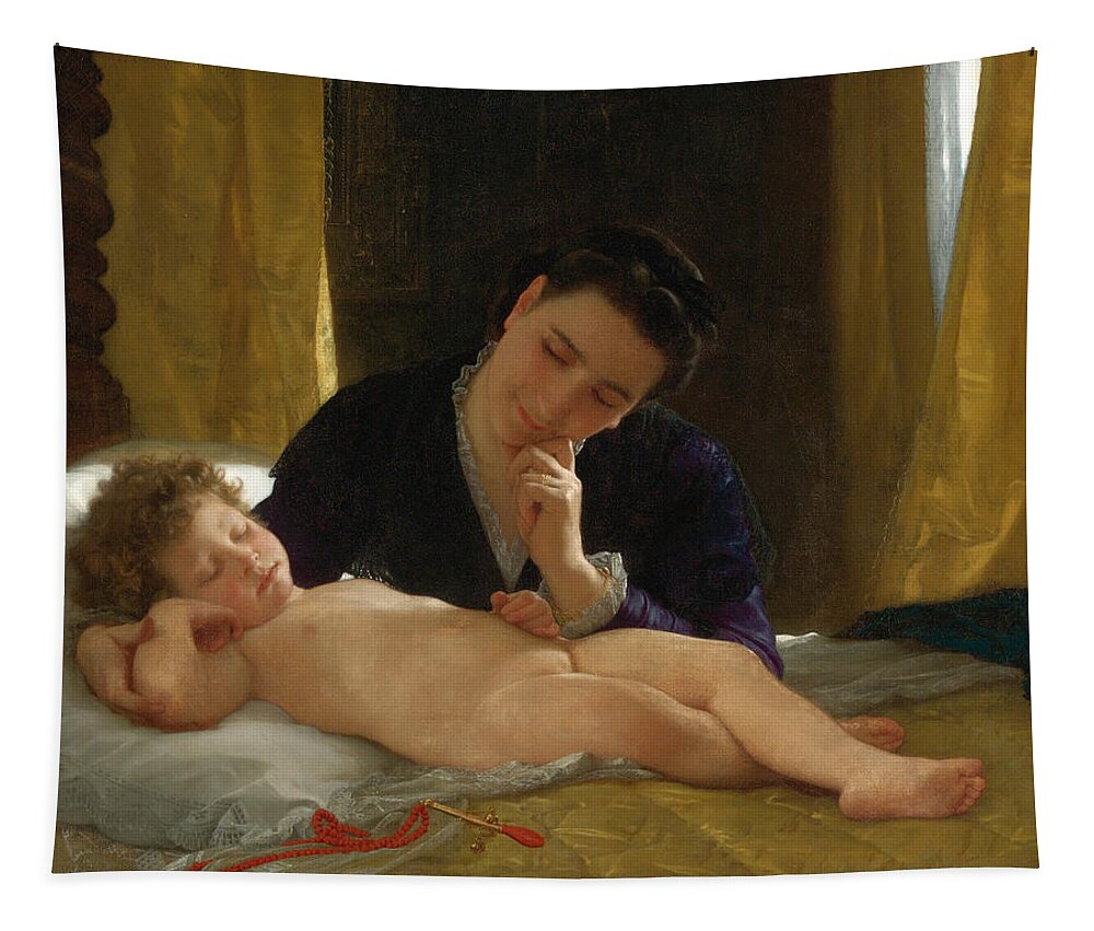 William-adolphe Bouguereau Tapestry featuring the painting Woman Contemplating Her Infant Son by William-Adolphe Bouguereau