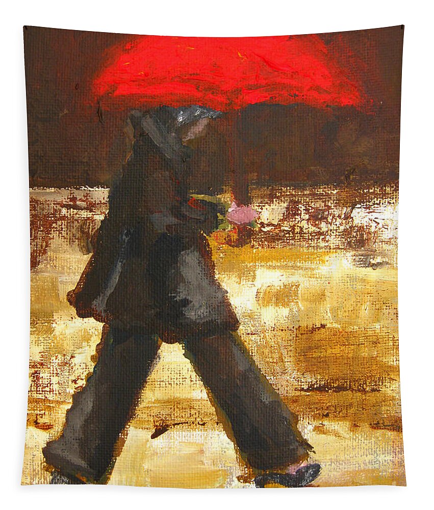 Woman Under A Red Umbrella Tapestry featuring the painting Woman under a Red Umbrella by Patricia Awapara