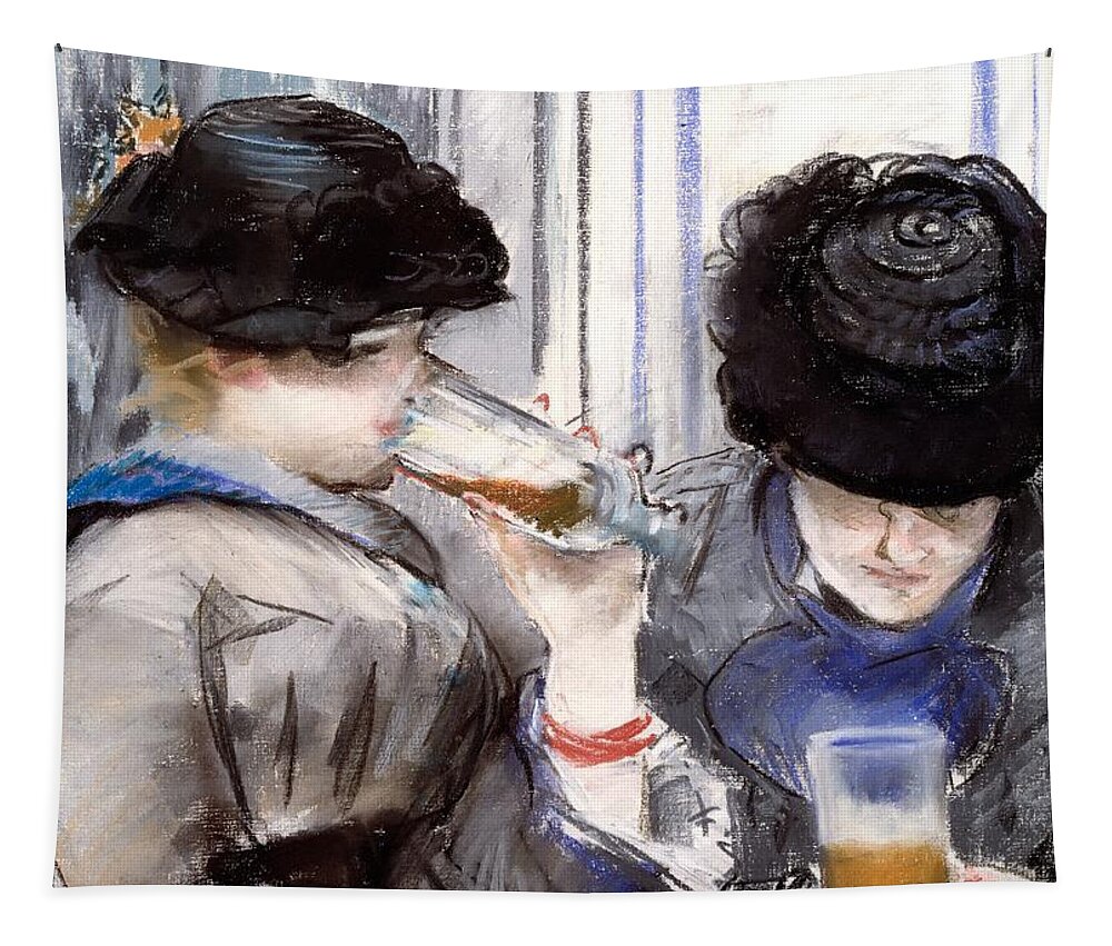 Female Tapestry featuring the drawing Women Drinking Beer, 1878 by Edouard Manet