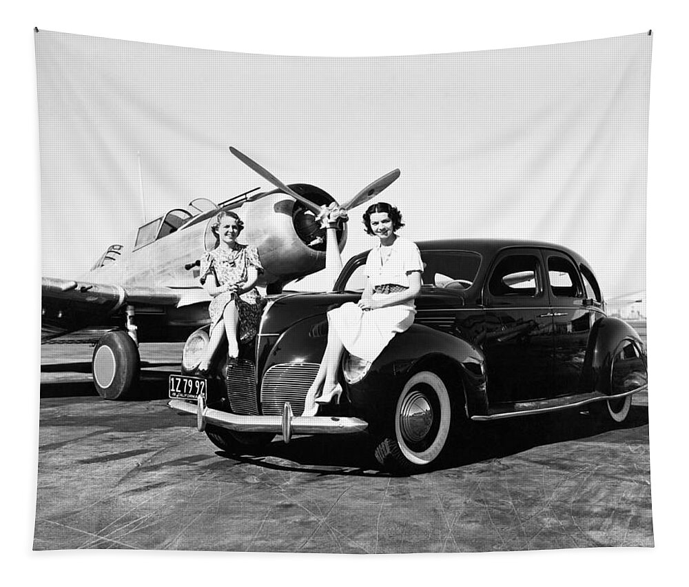 1035-713 Tapestry featuring the photograph Women, Lincolns And Airplanes by Underwood Archives