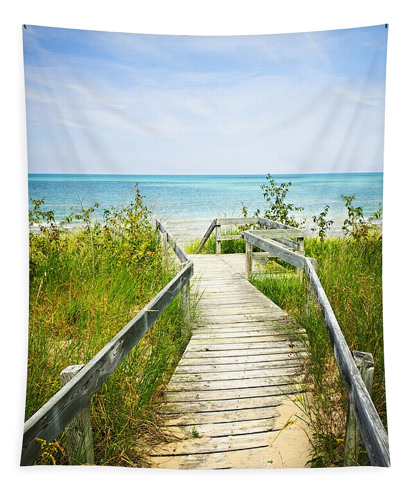 Beach Tapestry featuring the photograph Wooden walkway over dunes at beach by Elena Elisseeva