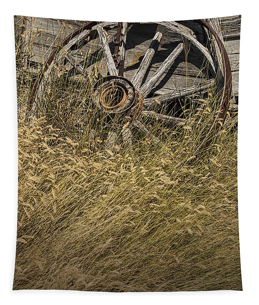 Art Tapestry featuring the photograph Wooden Wheel of a Broken Farm Wagon by Randall Nyhof