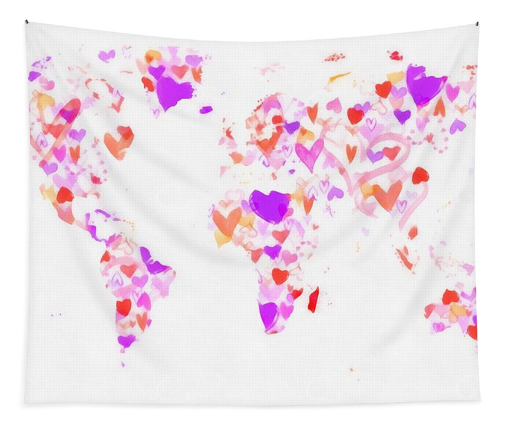  Spot Tapestry featuring the painting World map love hearts by Eti Reid