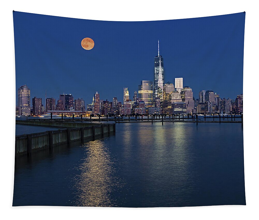 World Trade Center Tapestry featuring the photograph World Trade Center Super Moon by Susan Candelario
