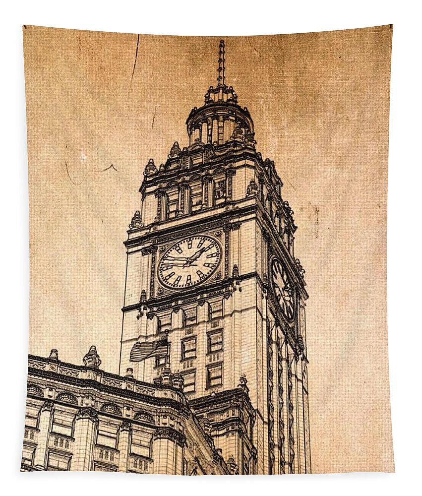 Wrigley Tower Tapestry featuring the digital art Wrigley Clock Tower Chicago by Dejan Jovanovic