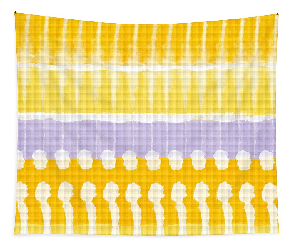 Abstract Tapestry featuring the painting Yellow and Grey Tie Dye by Linda Woods