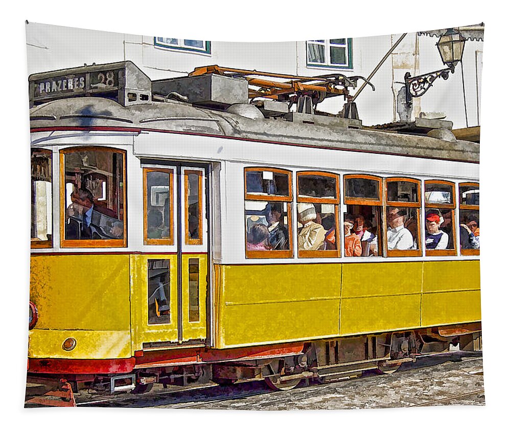 Lisbon Tapestry featuring the photograph Yellow Electric Trolly of Lisbon by David Letts