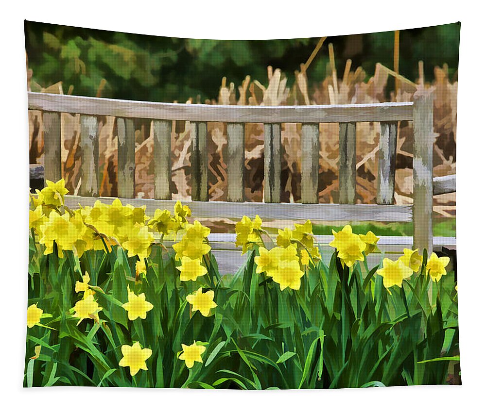 Art Tapestry featuring the photograph Yellow Flowers by the Weathered Bench by David Letts
