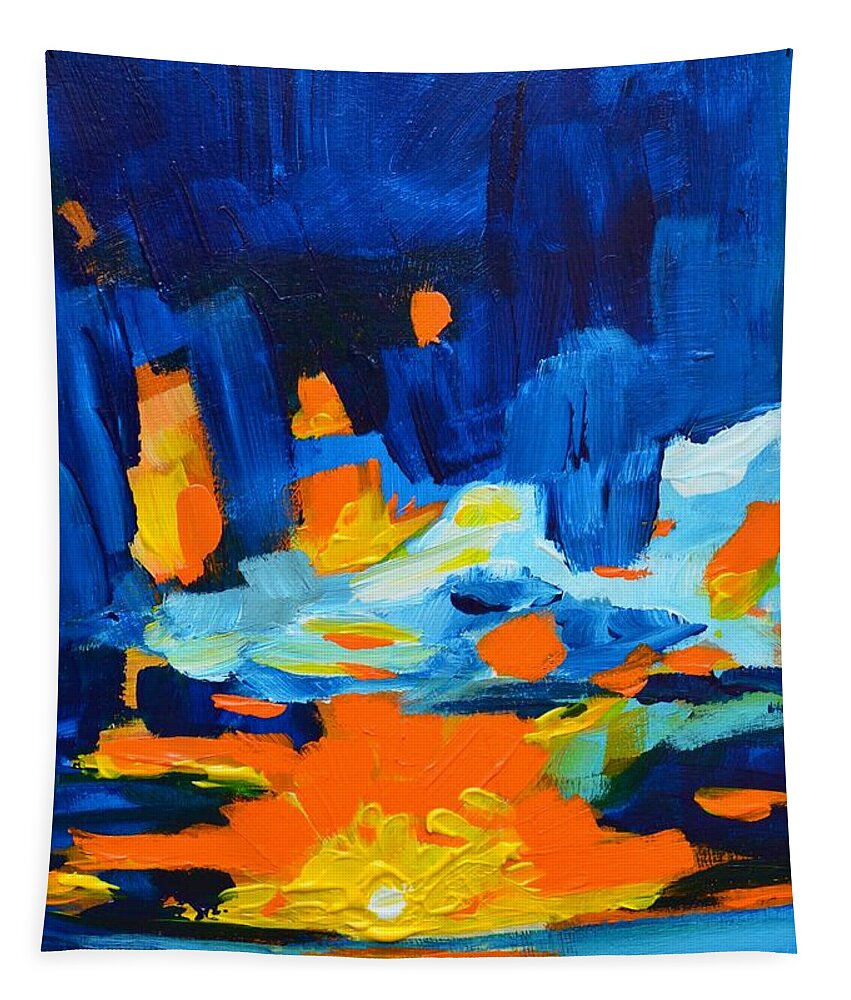 Art Tapestry featuring the painting Yellow orange blue sunset Landscape by Patricia Awapara