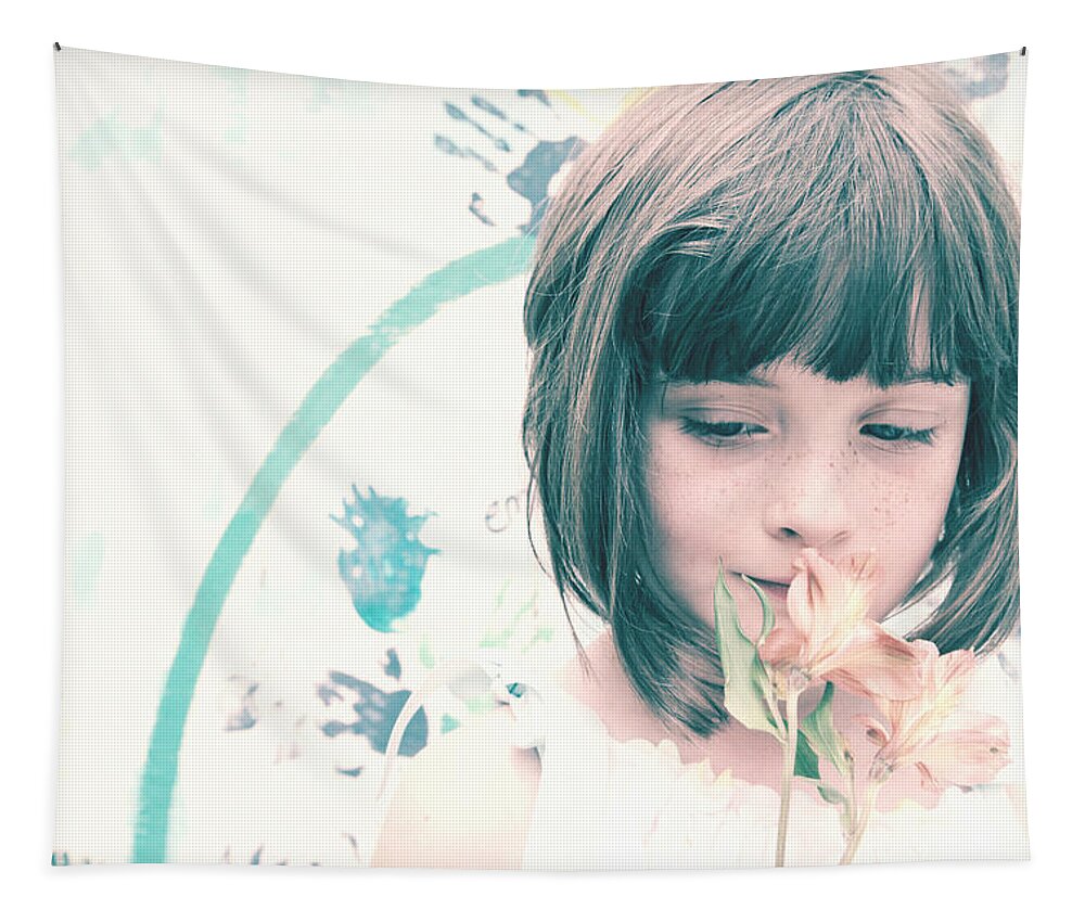 Girl Tapestry featuring the photograph Young Girl with Flowers by Jan Marvin by Jan Marvin
