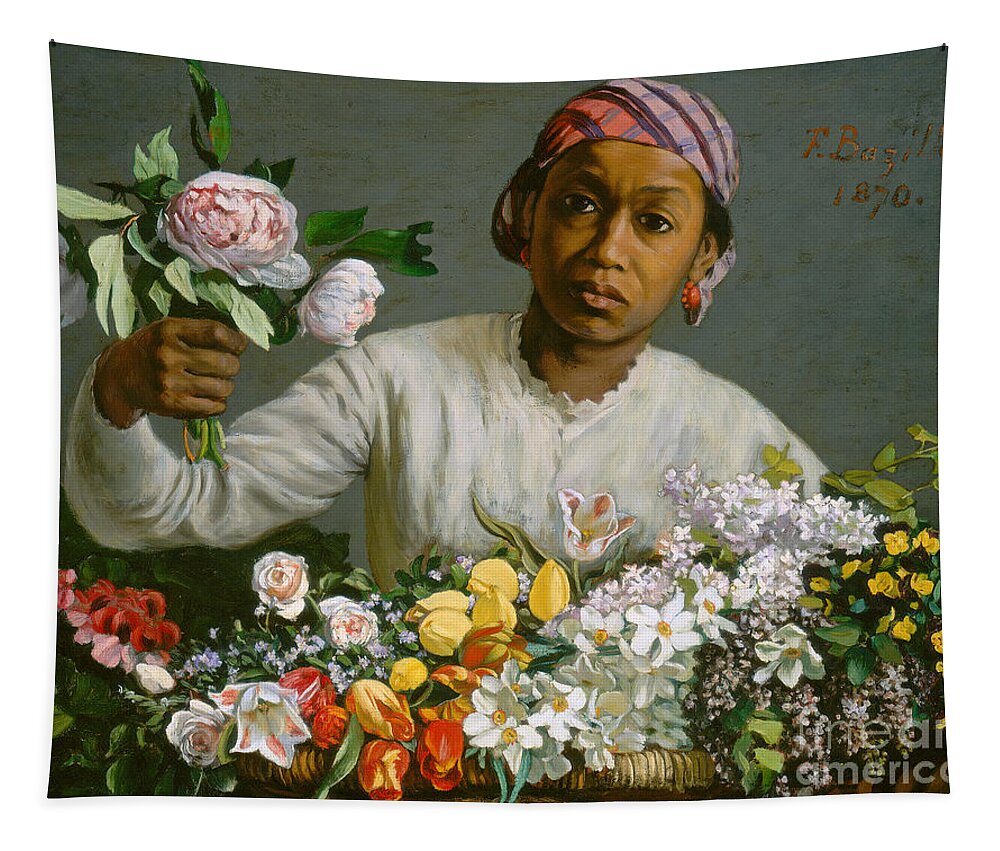 Flowers; Headscarf; Earrings; Tulips; Basket; Waist Up; Female; Half; Cast; Mulatto; Selling; Flower; Seller Tapestry featuring the painting Young Woman with Peonies by Jean Frederic Bazille