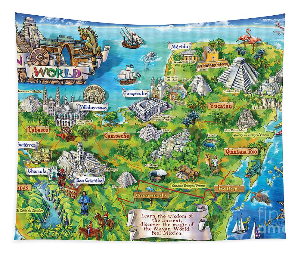 Yucatan Map Illustration Tapestry featuring the painting Yucatan Map Illustration by Maria Rabinky