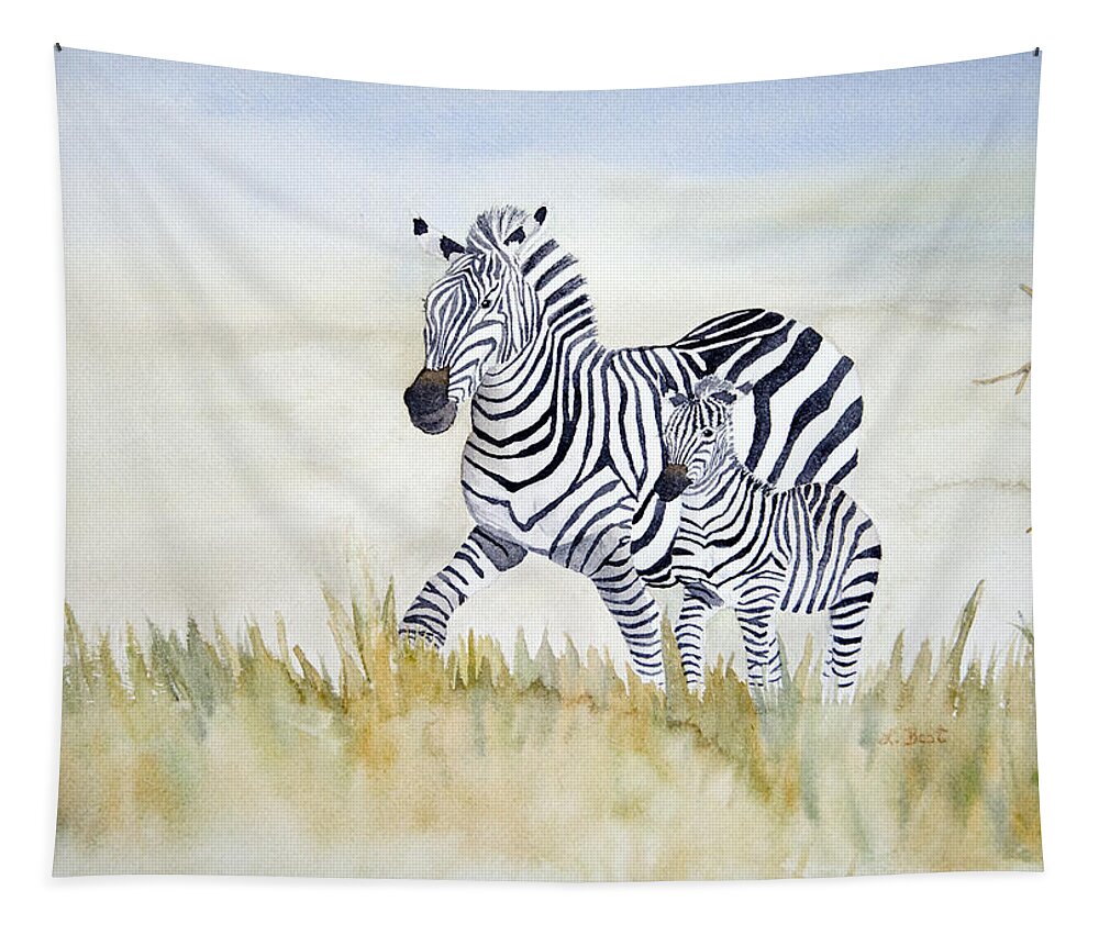 Zebra Tapestry featuring the painting Zebra Family by Laurel Best