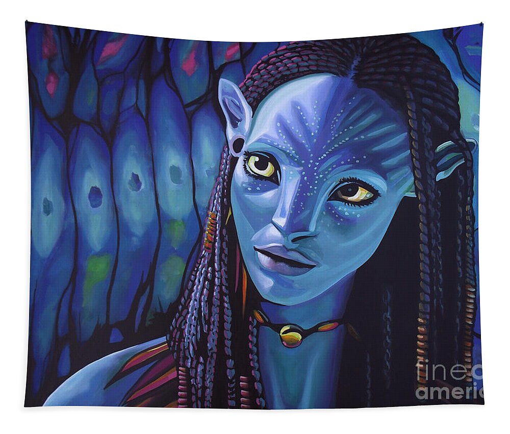 Avatar Tapestry featuring the painting Zoe Saldana as Neytiri in Avatar by Paul Meijering