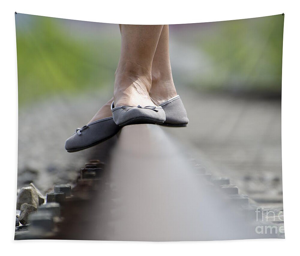 Shoes Tapestry featuring the photograph Balance on railroad tracks #1 by Mats Silvan