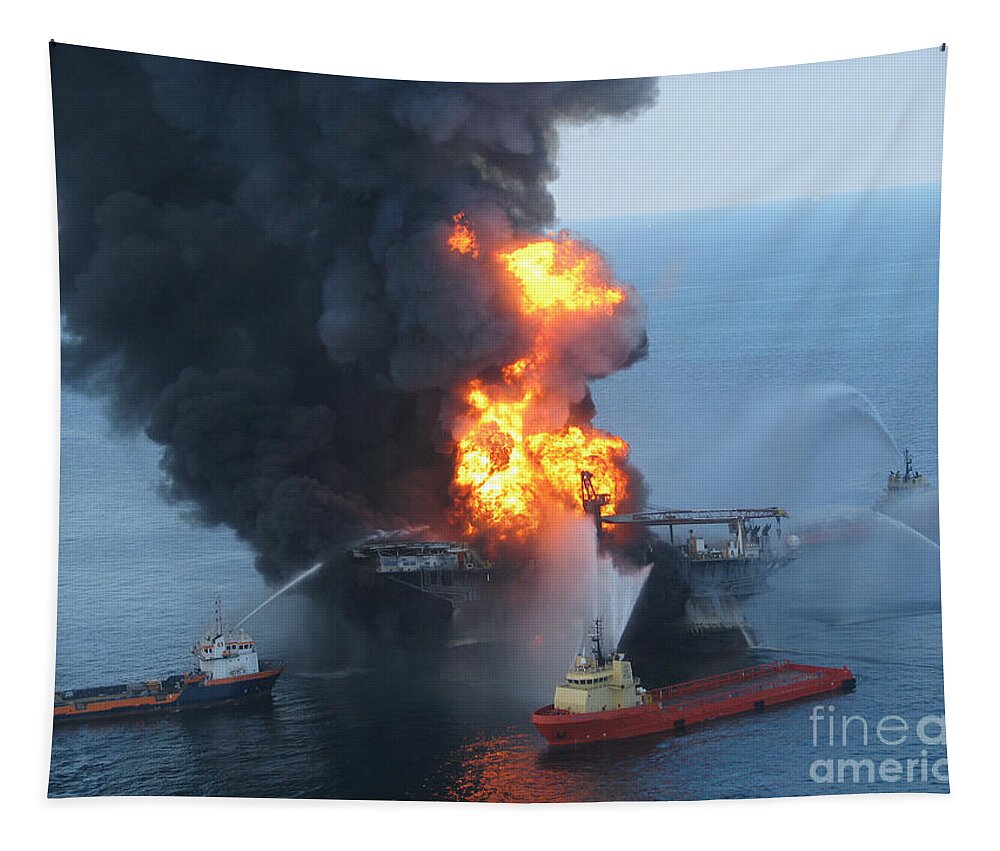 Oil Spill Tapestry featuring the photograph Deepwater Horizon Fire, April 21, 2010 #1 by Science Source