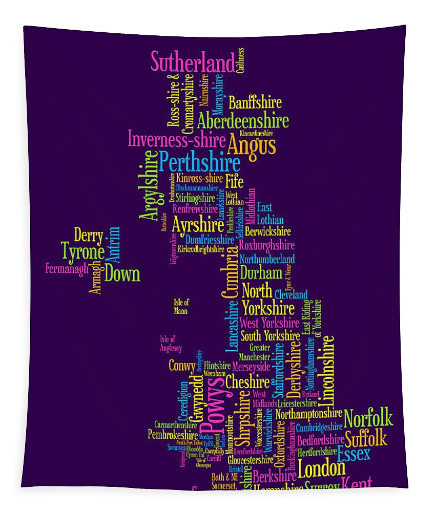 United Kingdom Tapestry featuring the digital art Great Britain UK County Text Map by Michael Tompsett