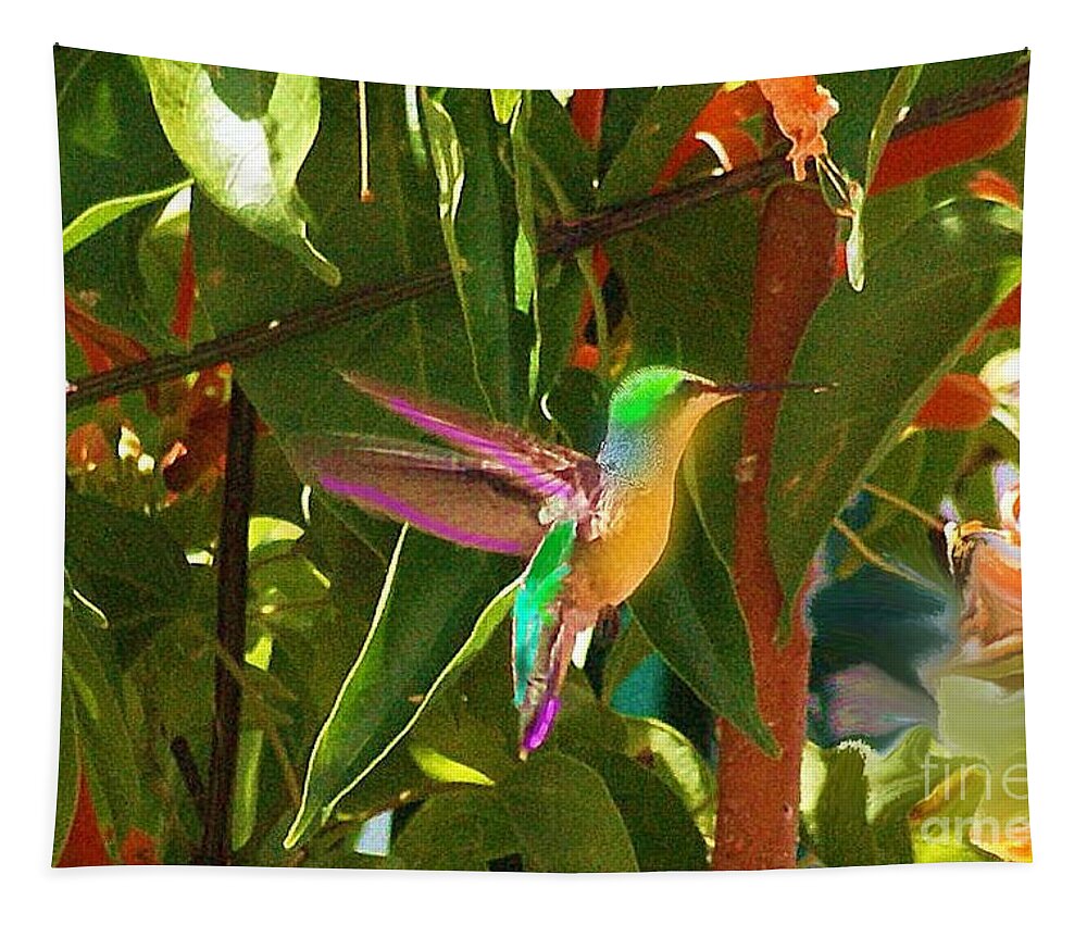 Humming Tapestry featuring the photograph Humming Bird On Orange Flowers #1 by John Kolenberg
