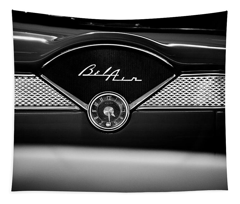 1955 Bel Air Tapestry featuring the photograph 1955 Chevy Bel Air Glow Compartment in Black and White by Sebastian Musial