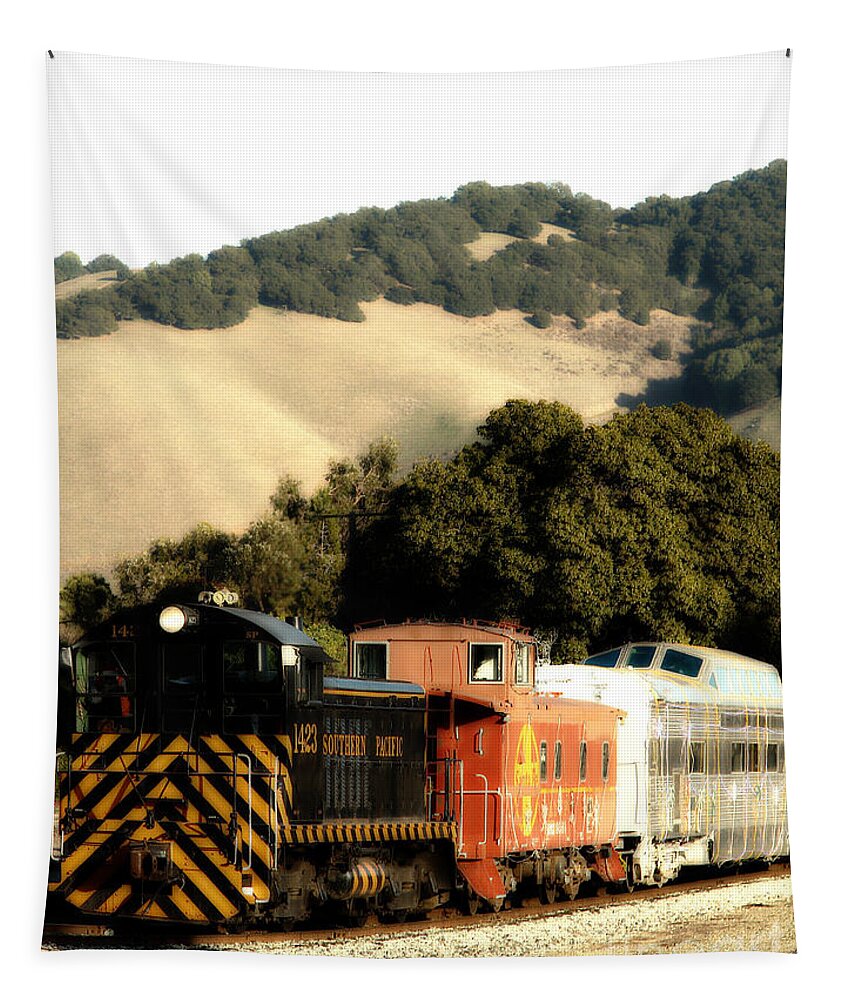Dreamy Tapestry featuring the photograph Historic Niles Trains in California . Old Southern Pacific Locomotive and Sante Fe Caboose . 7D10819 #2 by Wingsdomain Art and Photography