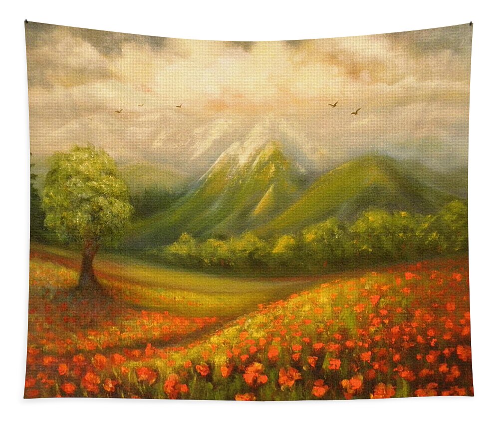 Poppy Field Tapestry featuring the painting In the Old Mountains #2 by Gina De Gorna