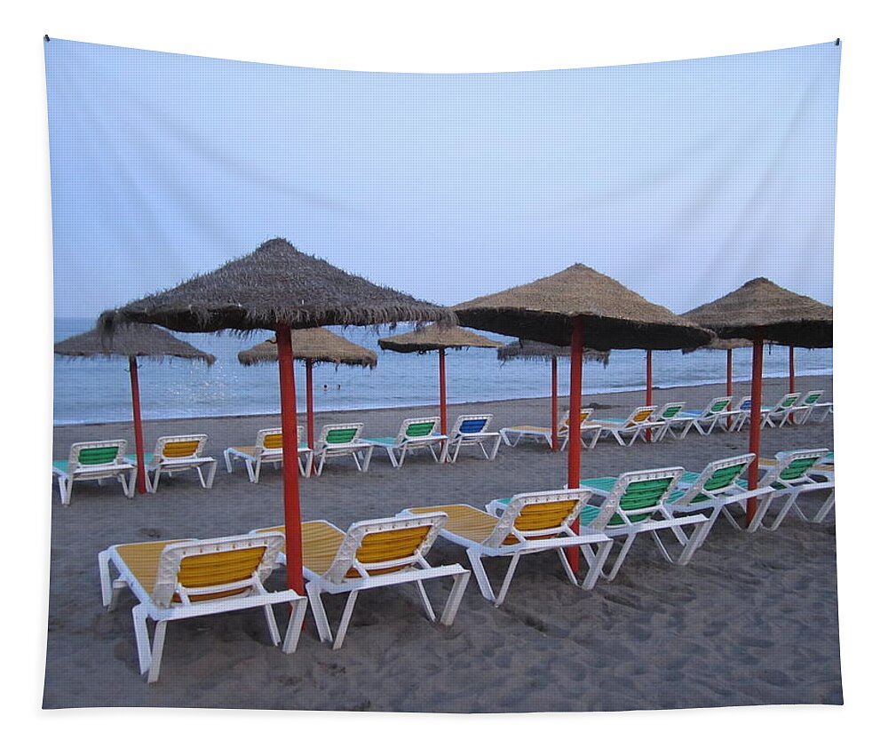 Umbrella Tapestry featuring the photograph Beach Umbrellas and Chairs Costa Del Sol Spain #4 by John Shiron