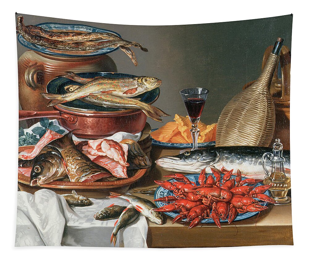 Olive Oil; Tablecloth; Herrings; Plate; Salmon; Filleted Tapestry featuring the painting A Still Life of a Fish Trout and Baby Lobsters by Anton Friedrich Harms