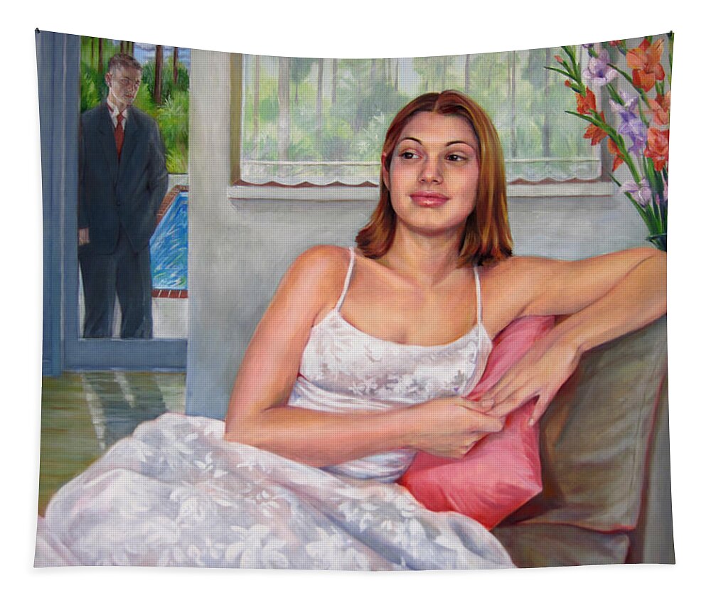  Tapestry featuring the painting Anticipation - Jasmin contemplates the Prom by Nancy Tilles