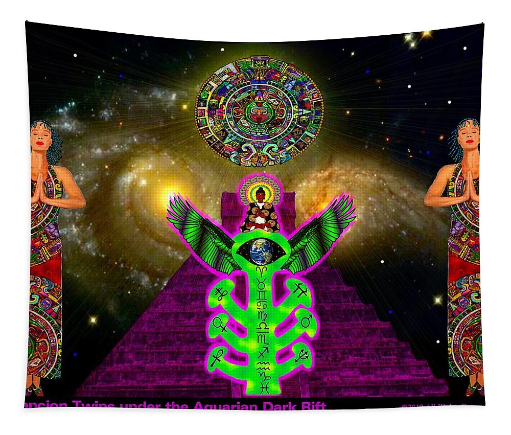 2012 Mayan Calendar Tapestry featuring the mixed media Ascencion Twins under the Aquarian Dark Rift by Myztico Campo